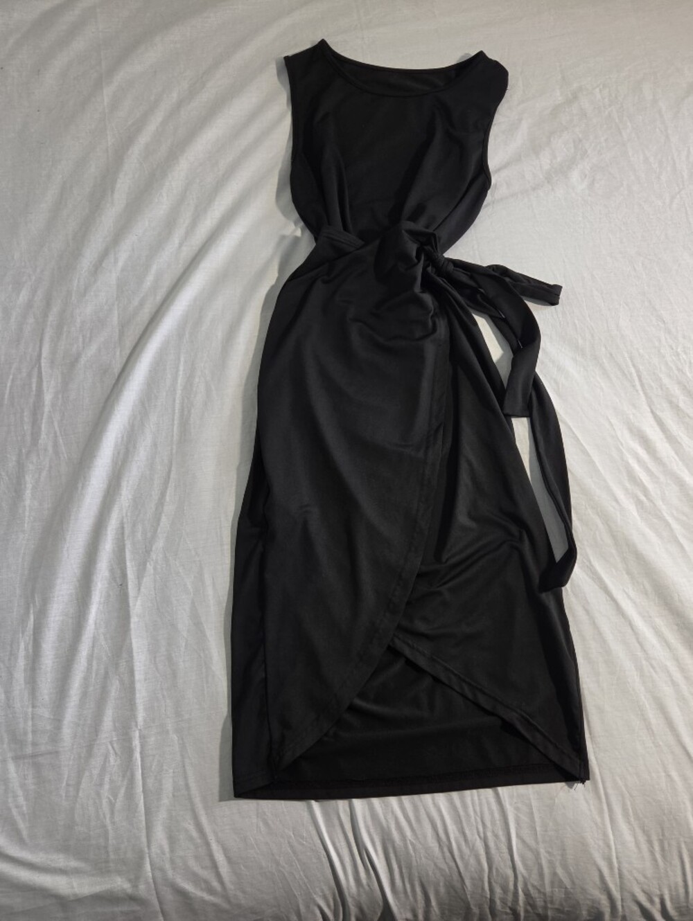 Black Wrap Mini Sleeveless Tie Waist Dress